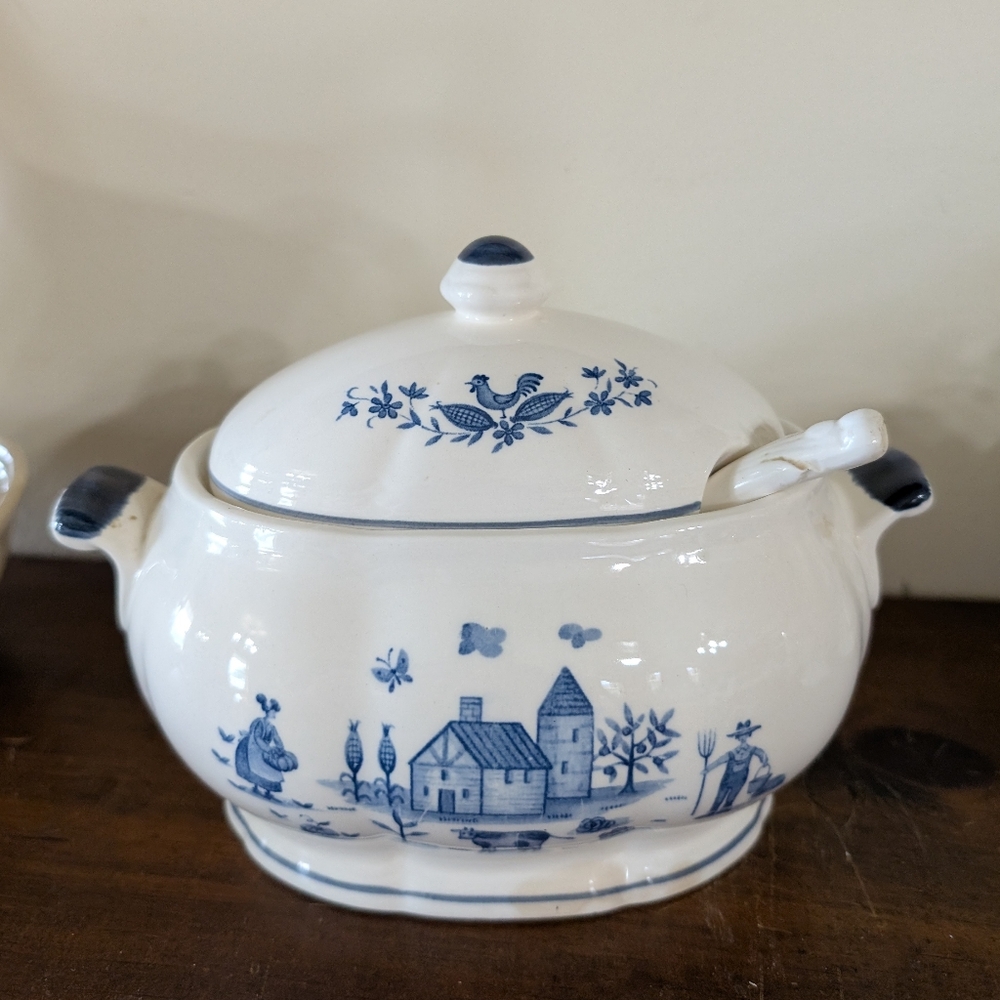 Vintage Delft Ceramic Soup Tureen Lid & Ladle Farm Country Design Kitchen Decor